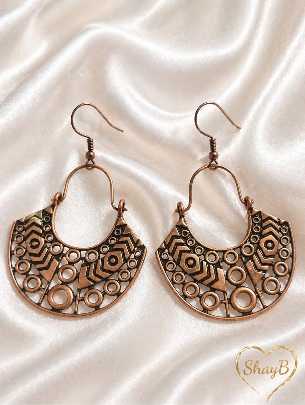 Copper Geometric Filigree Hoop Earrings - Brown Bronze